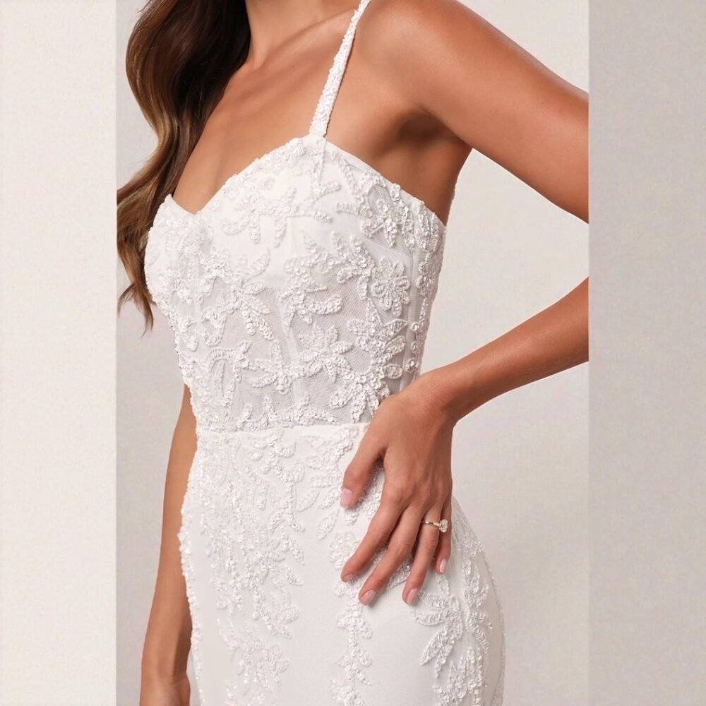 Lulus Momentous Love White Beaded Bustier Mesh Mermaid Maxi Dress Size Large - Picture 3 of 16